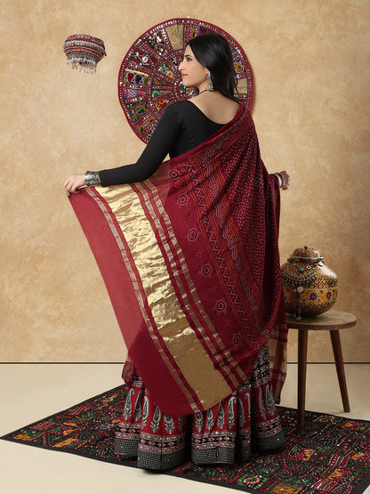 Maroon Silk Bandhani Printed Festive Garba Dupatta For Navratri