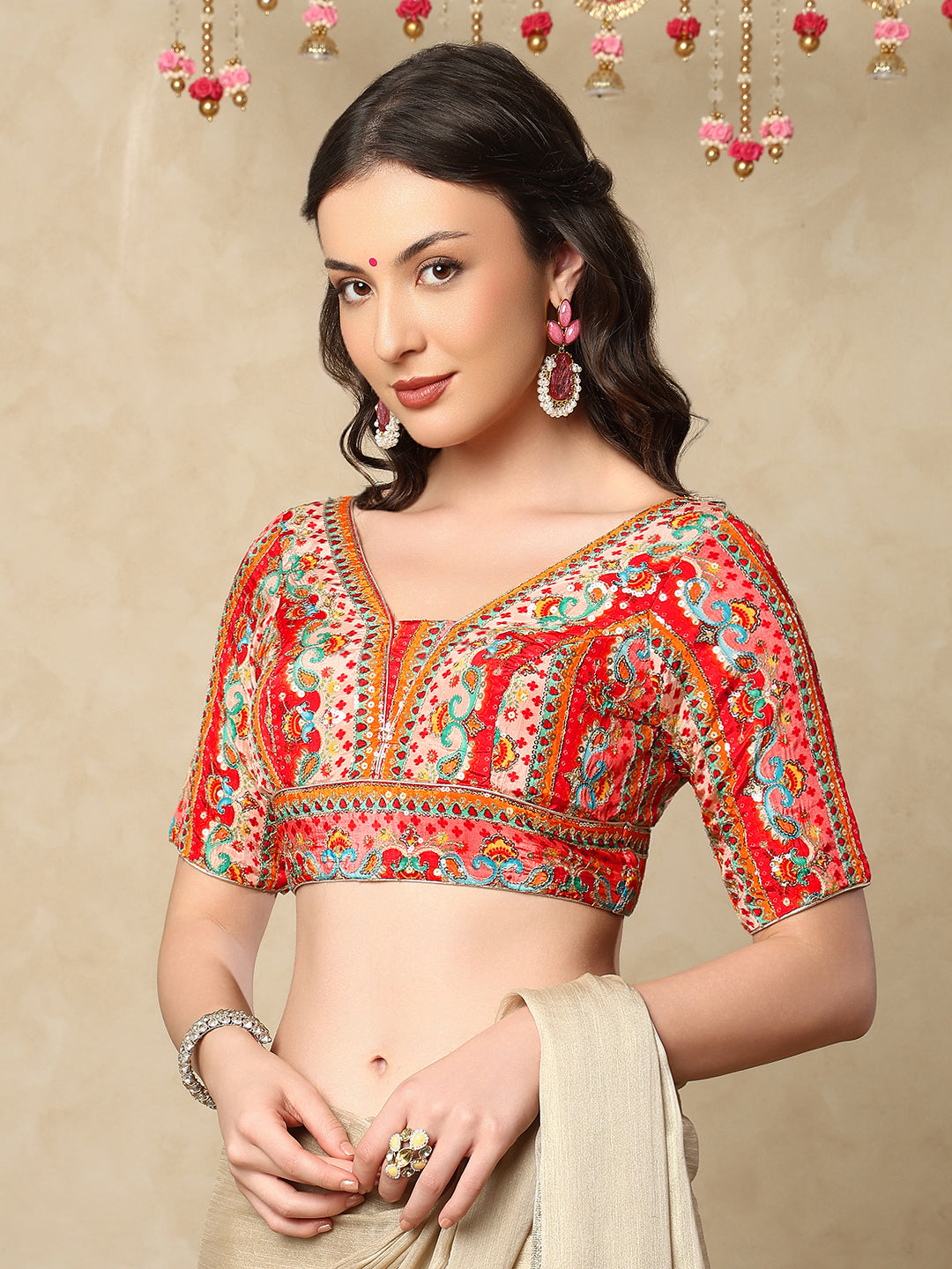 Red silk V Neck Readymade Blouse