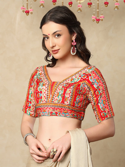 Red silk V Neck Readymade Blouse