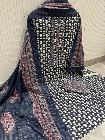 Navy Blue Cotton printed Unstitched Dress Material