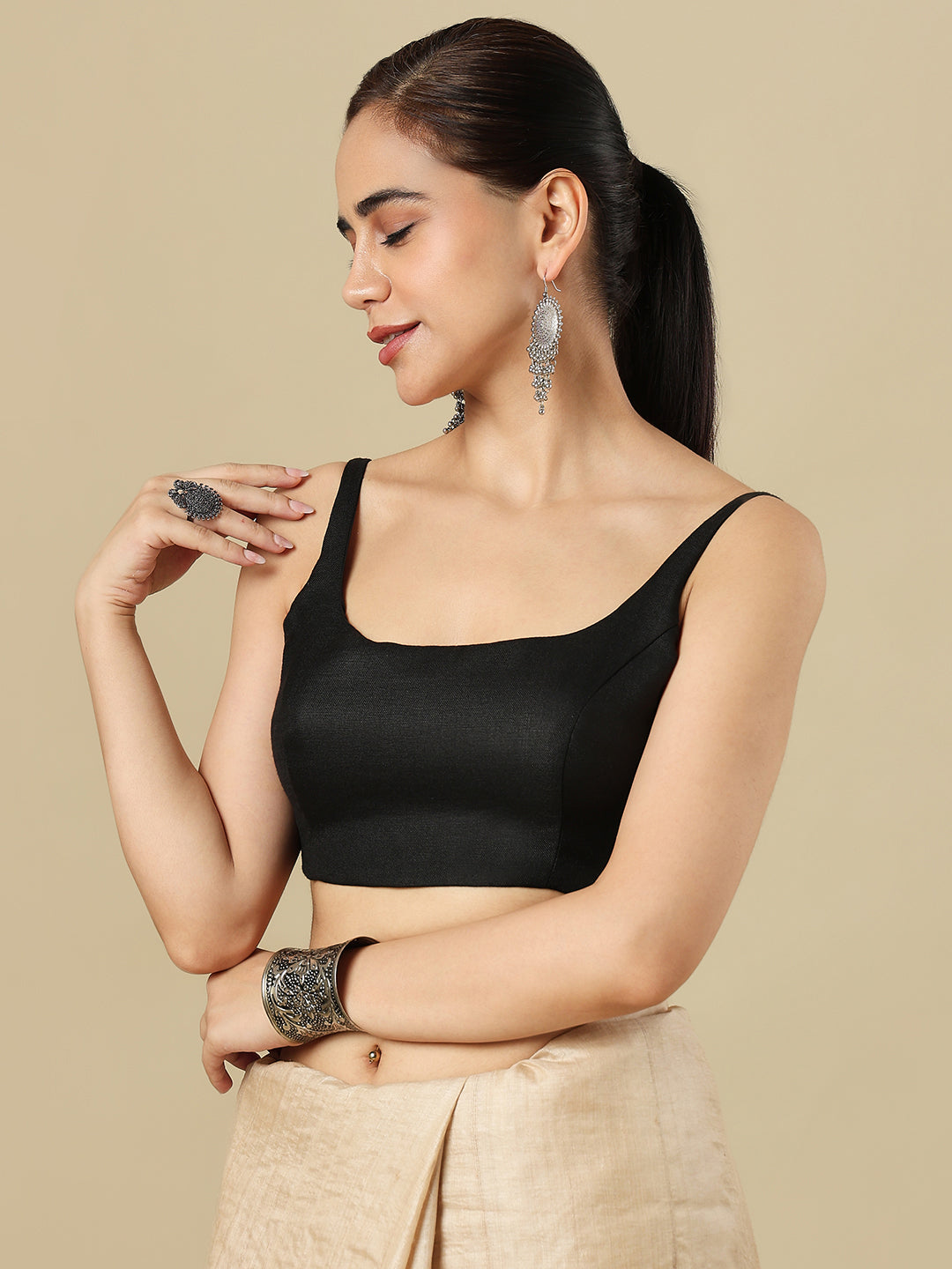 Black Pure Linen Sleeveless Readymade Saree Blouse