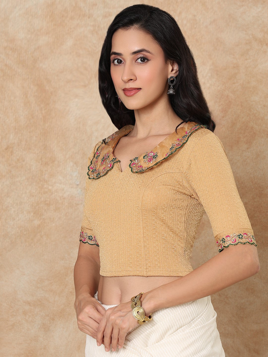 Gold Embroidered Non Padded Stretchable Saree Blouse