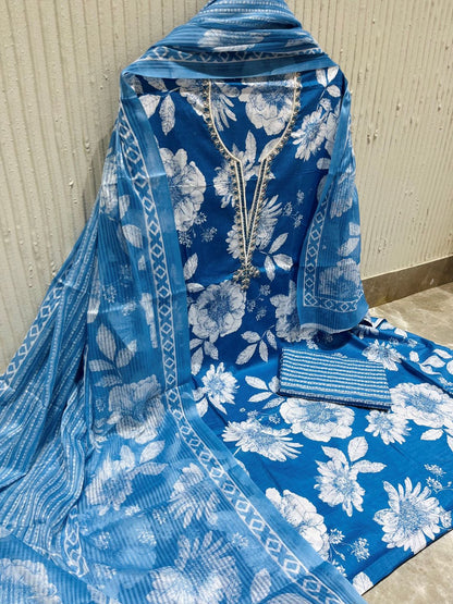 Sky Blue Cotton printed Unstitched Dress Material