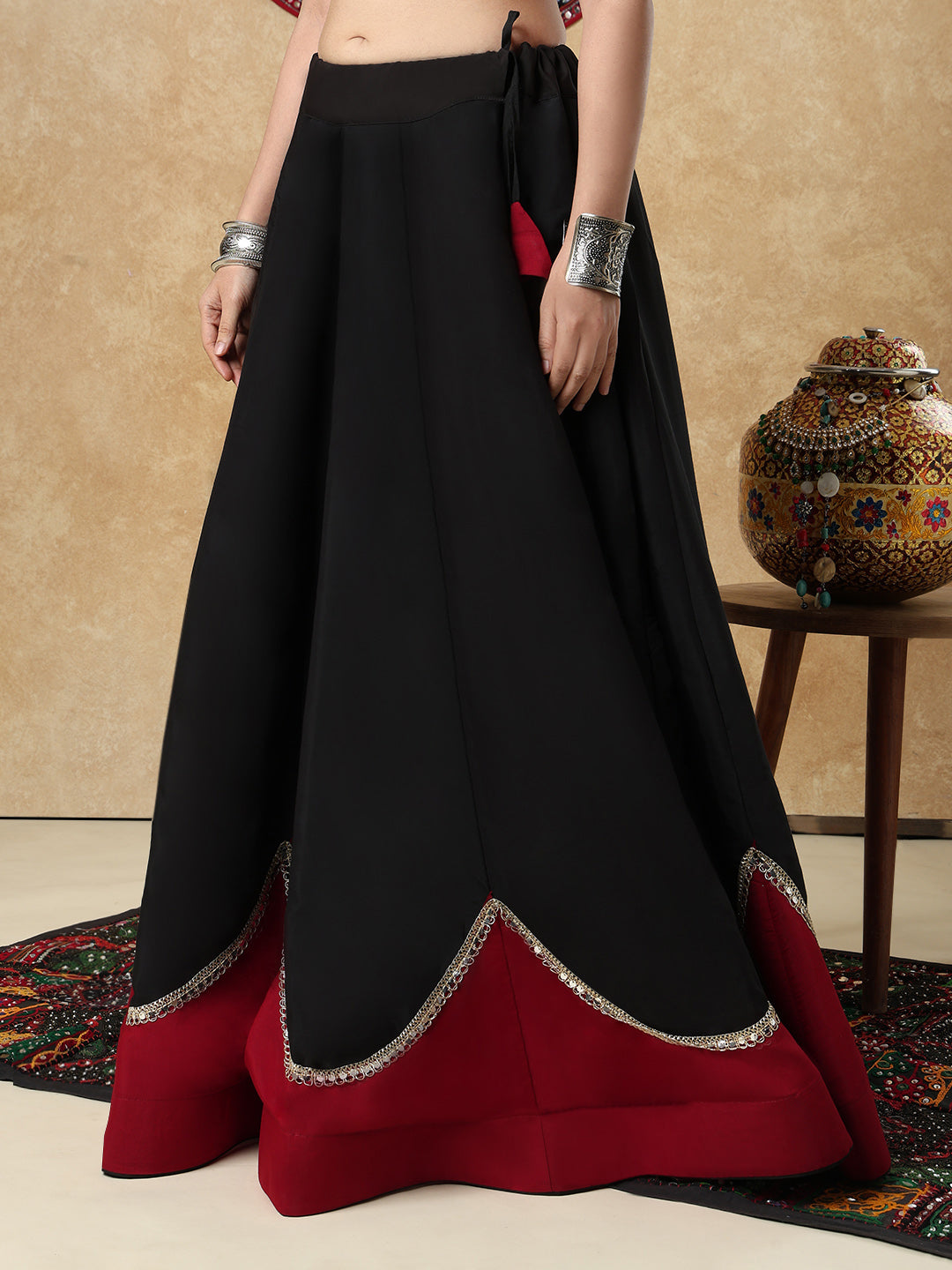 Black & Red Embellished Garba Cotton Readymade Skirt For Navratri