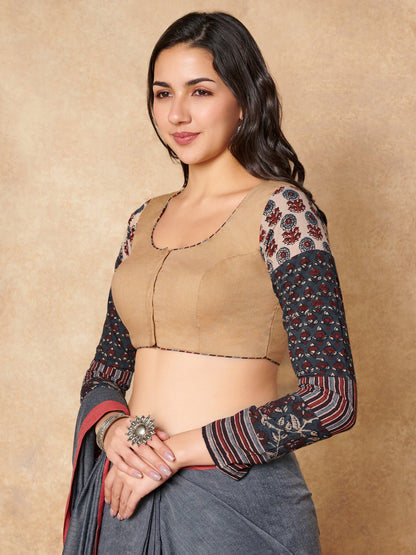Beige Pure Cotton Readymade Blouse With Ajrakh Sleeves