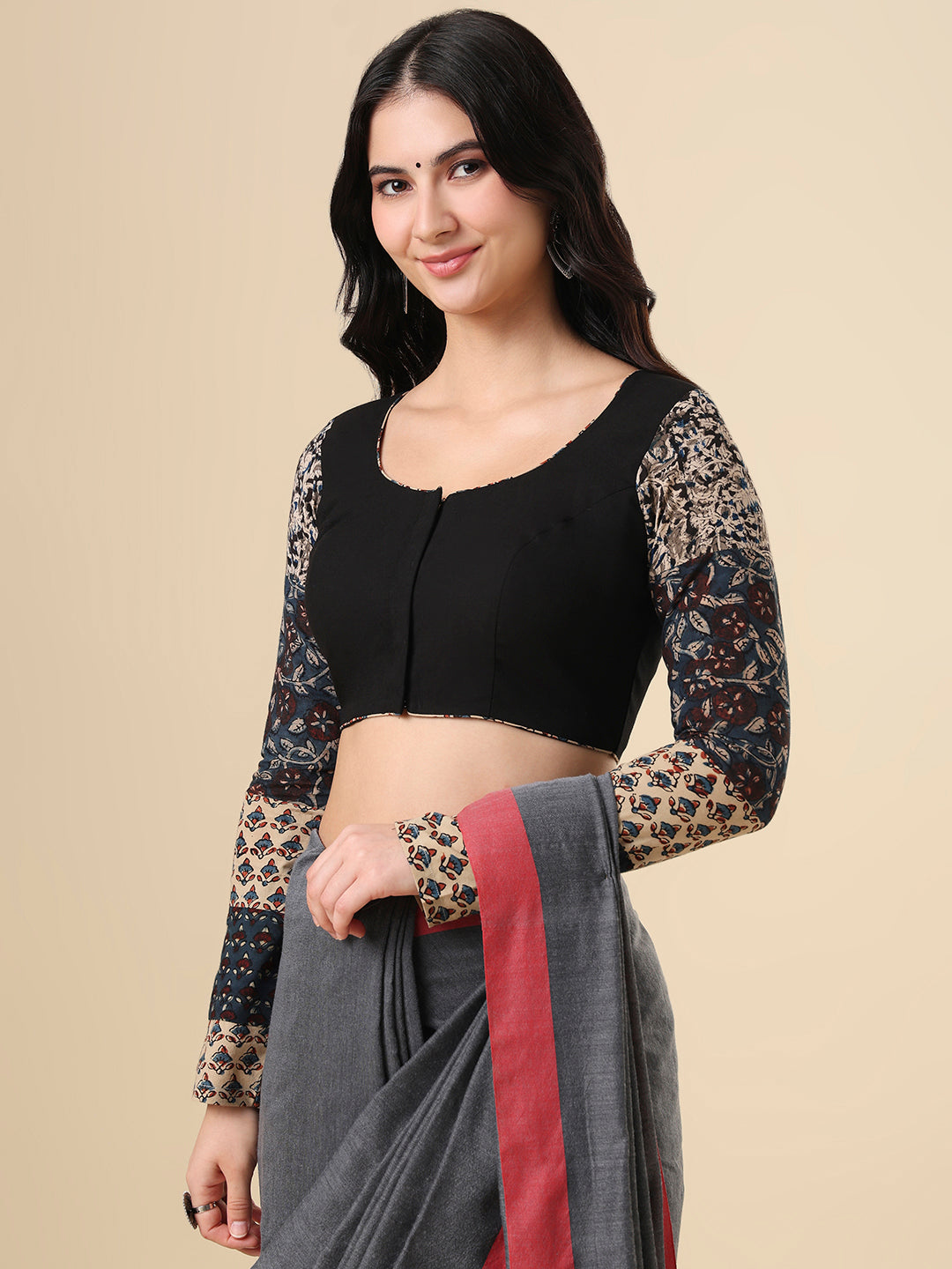 Black Pure Cotton Ajrakh Hand Block Printed Readymade Blouse