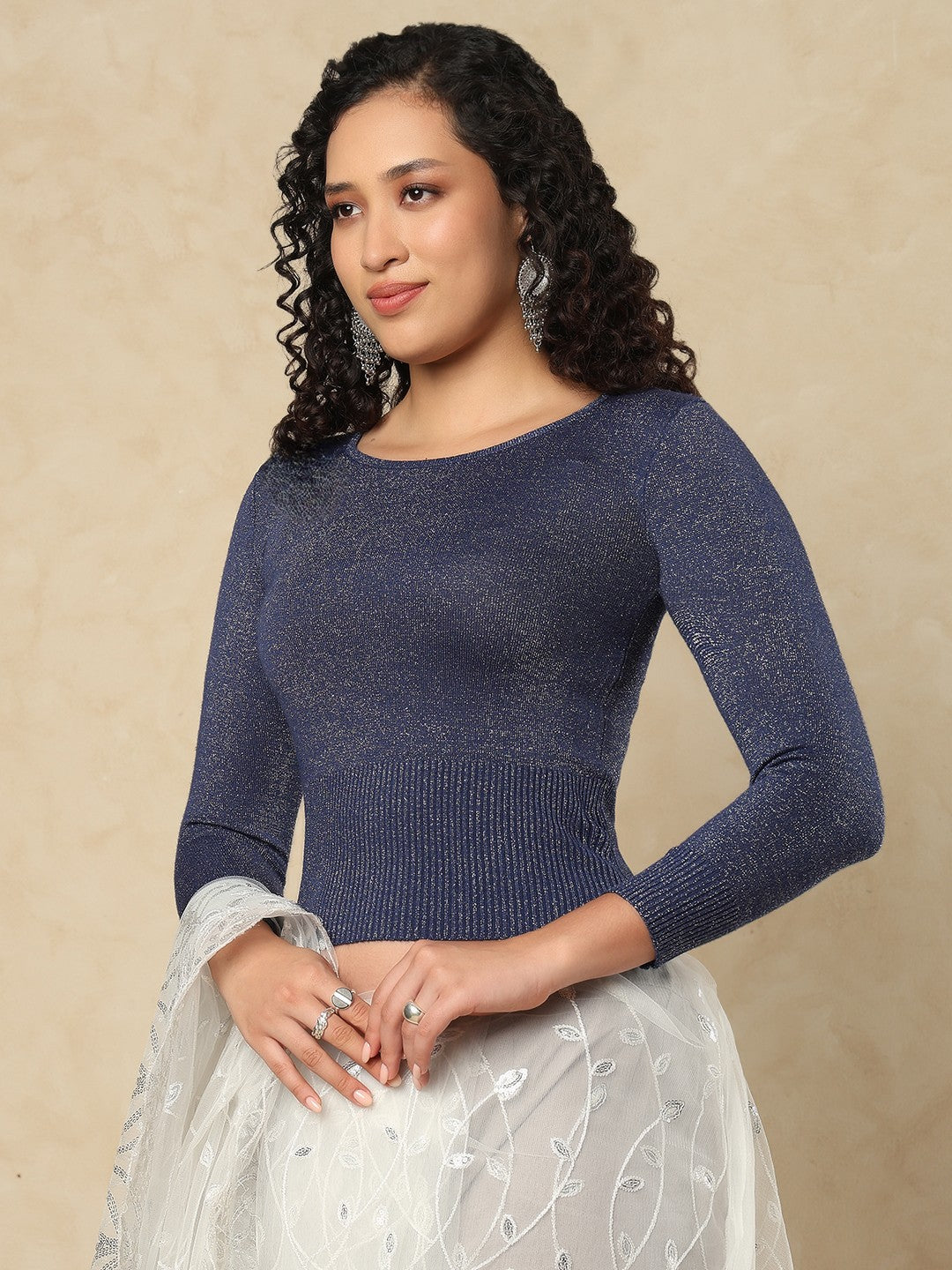 Navy Blue Woolen Round Neck Full Sleeves Stretchable Readymade Blouse