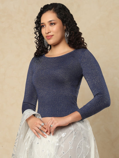 Navy Blue Woolen Round Neck Full Sleeves Stretchable Readymade Blouse