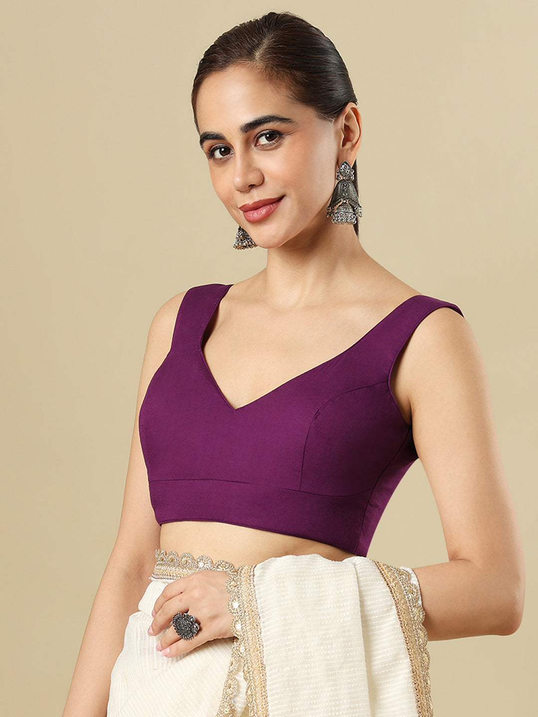 Purple Cotton Sleeveless Padded Saree Blouse