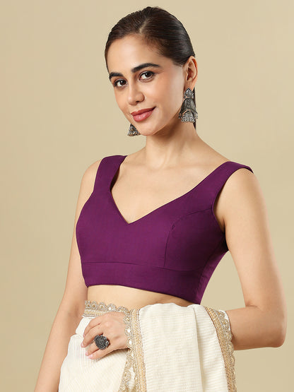 Purple Cotton Sleeveless Padded Saree Blouse
