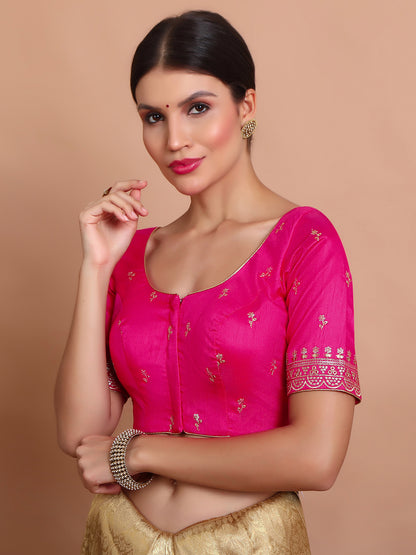 Pink Silk Embroidered Round Neck Readymade Blouse