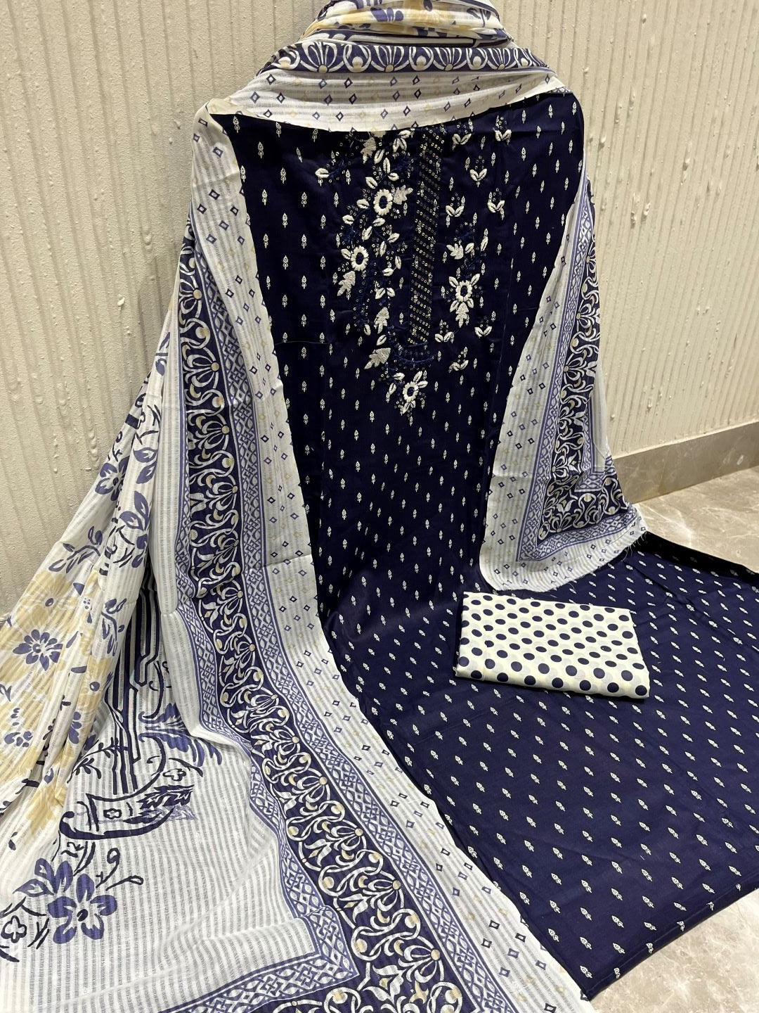 Navy Blue Cotton Embroidered Unstitched Dress Material