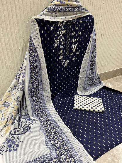 Navy Blue Cotton Embroidered Unstitched Dress Material