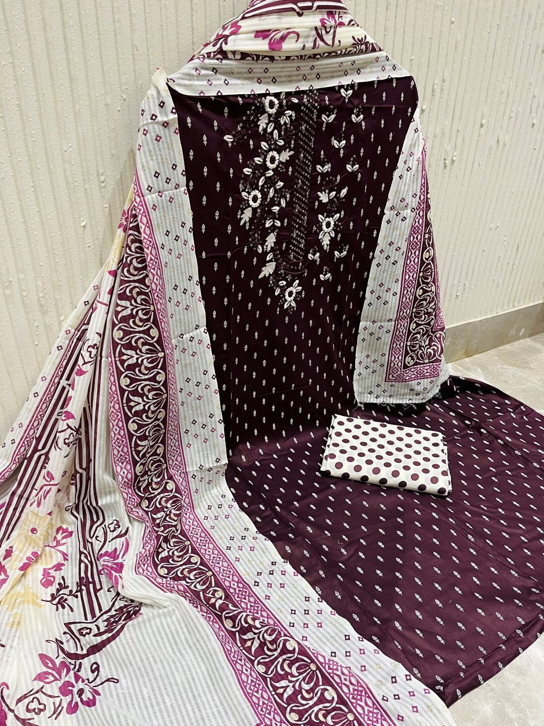 Wine Cotton Embroidered Unstitched Dress Material
