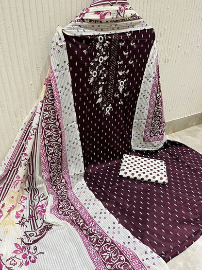 Wine Cotton Embroidered Unstitched Dress Material