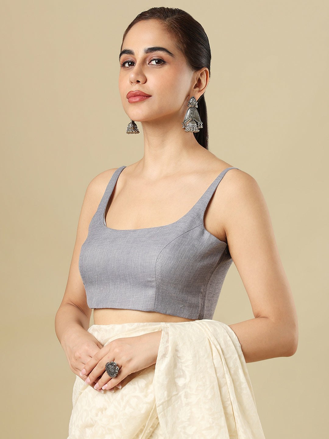 Grey Pure Linen Sleeveless Readymade Saree Blouse