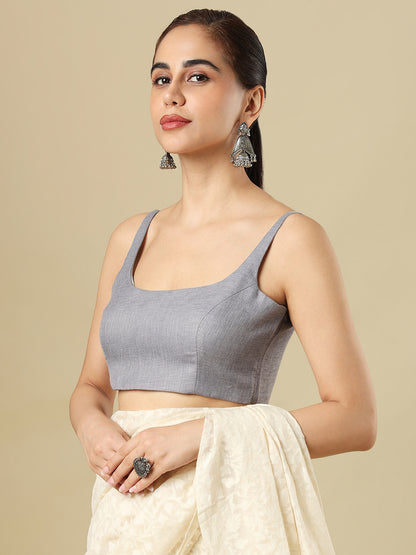 Grey Pure Linen Sleeveless Readymade Saree Blouse