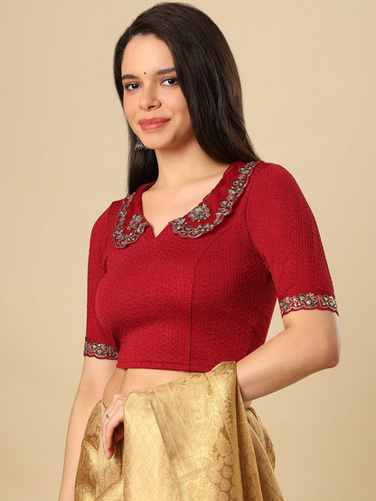 Maroon Embroidered Non Padded Stretchable Saree Blouse