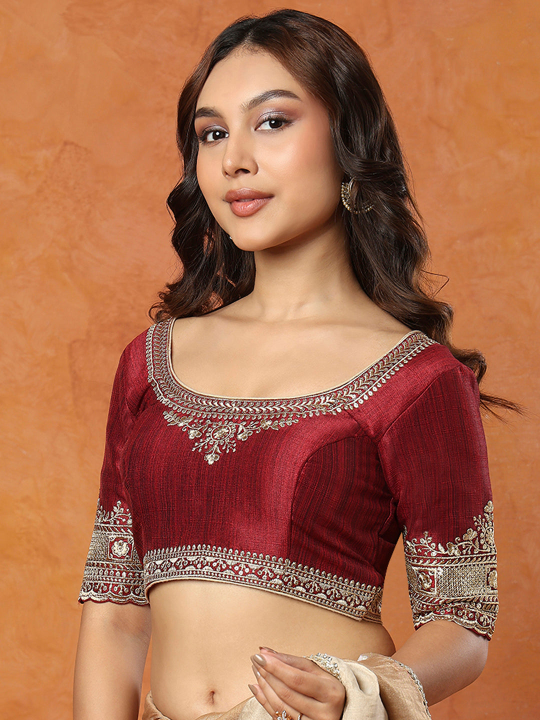 Maroon Mulberry Silk Round Neck Readymade Blouse