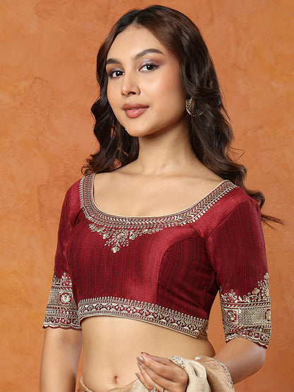 Maroon Mulberry Silk Round Neck Readymade Blouse