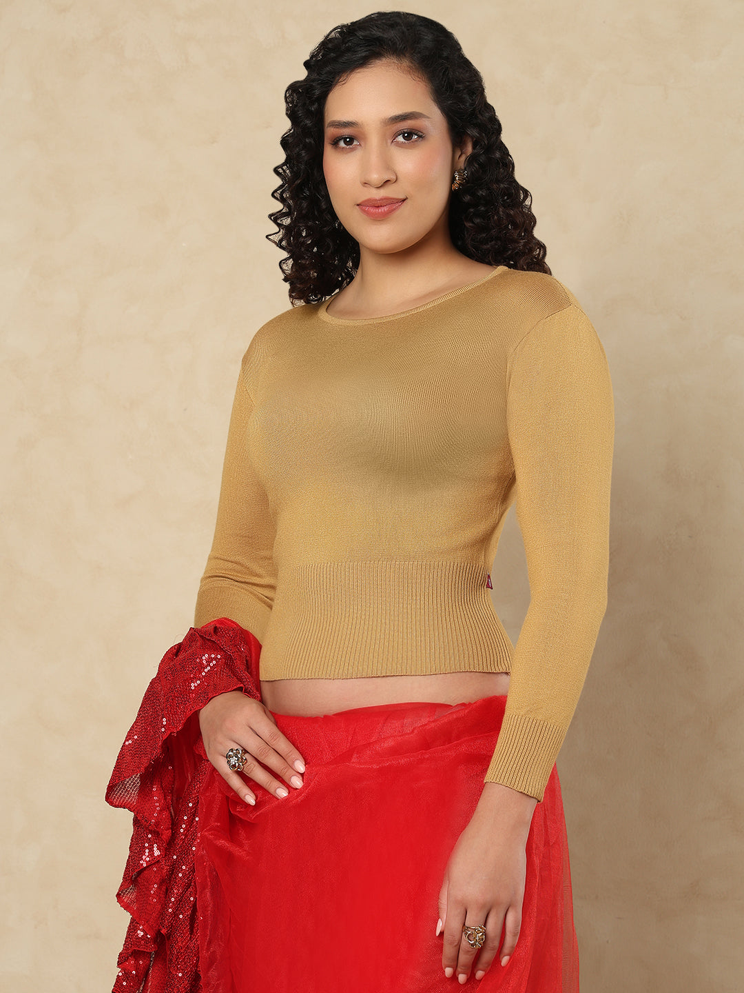 Beige Woolen Round Neck Readymade Blouse