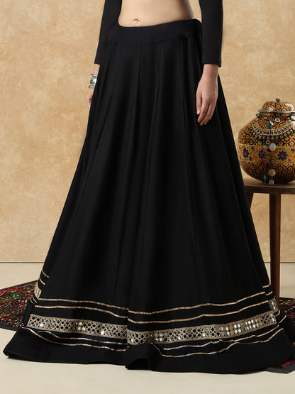 Black Embellished Garba Cotton Readymade Skirt For Navratri