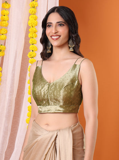 Olive Tissue Woven Design Sleeveless Padded Saree Blouse
