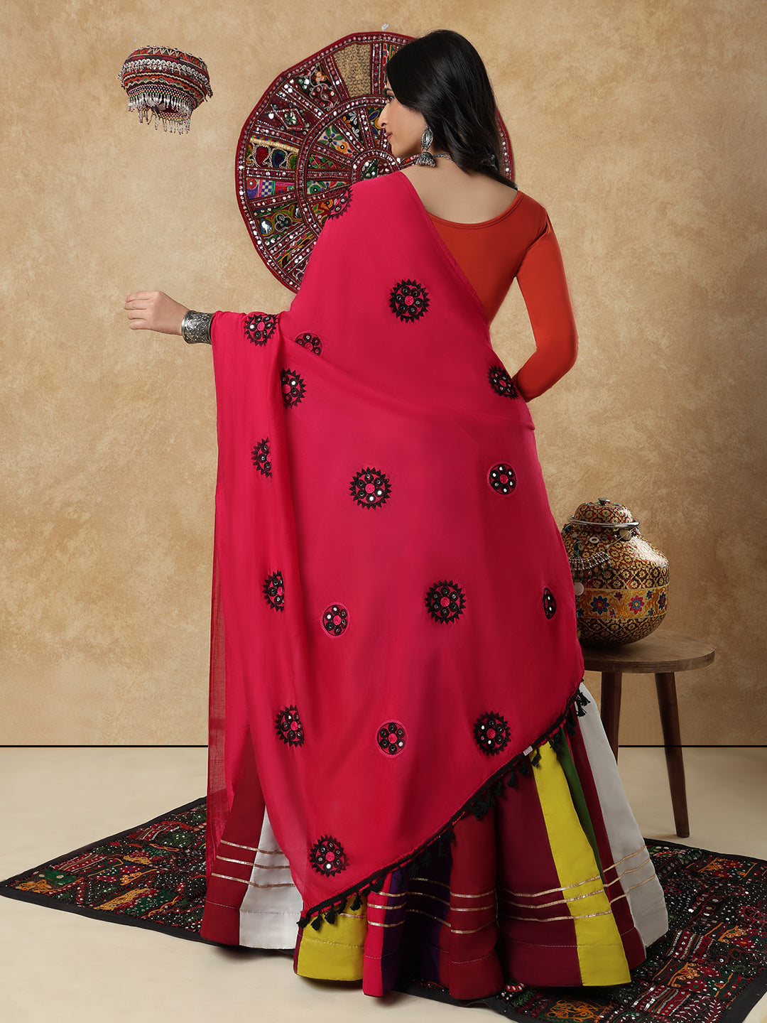 Pink Silk Embroidered Mirror Work Festive Garba Dupatta For Navratri