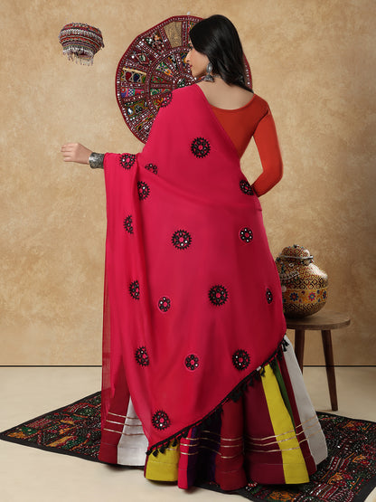 Pink Silk Embroidered Mirror Work Festive Garba Dupatta For Navratri