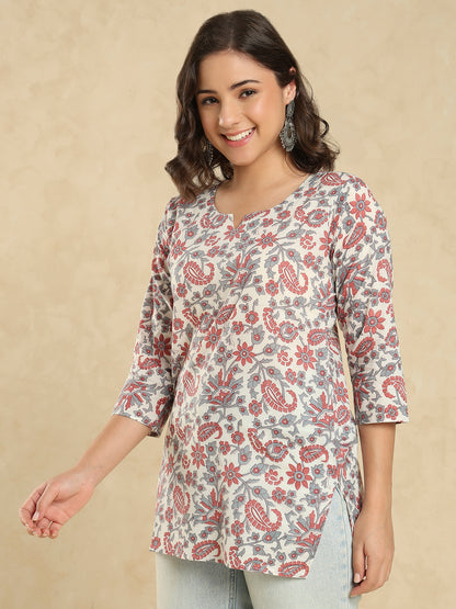 White Cotton Printed Short Kurti