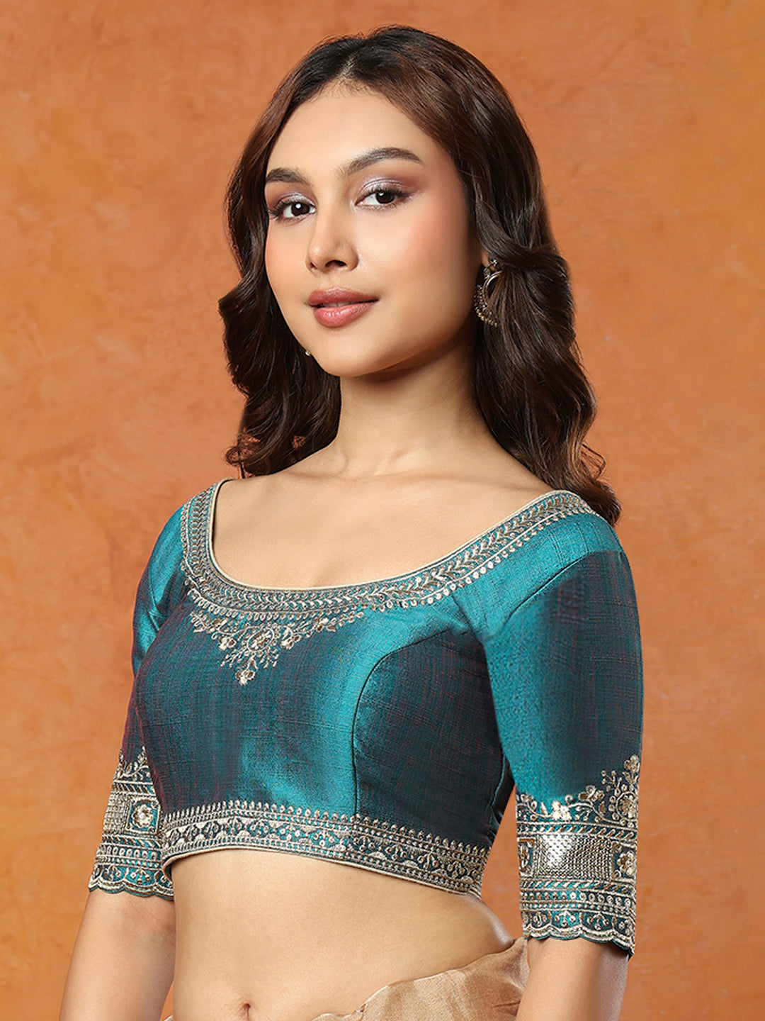 Green Mulberry silk Round Neck Readymade Blouse