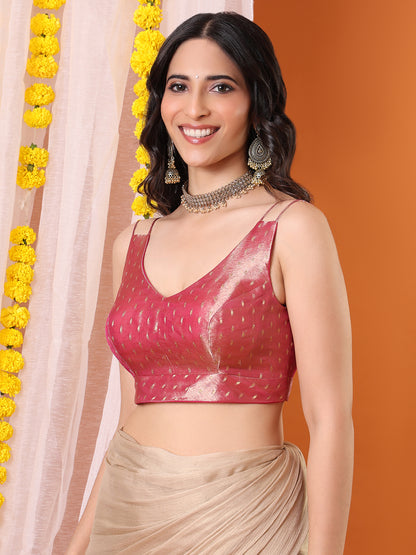 Pink Tissue Woven Design Sleeveless Padded Saree Blouse