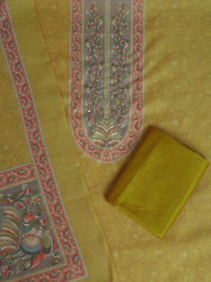Mustard Chanderi Silk Embellished Unstitched Dress Material (3 Pc)