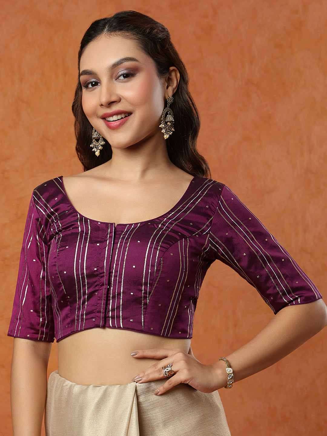 Purple Taffeta Silk Round Neck Readymade Blouse