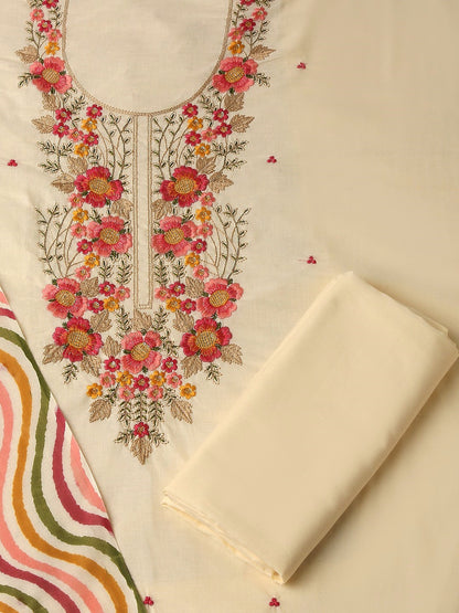 Cotton Embroidered Off White Unstitched Dress Material