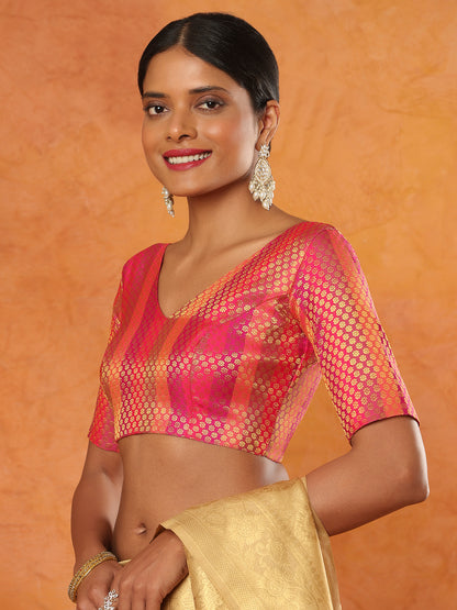 Pink Brocade V Neck Readymade Blouse