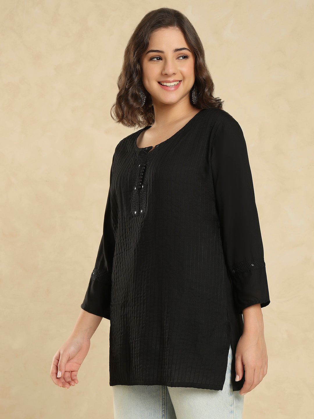 Black Cotton Solid Embroidered Short Kurti