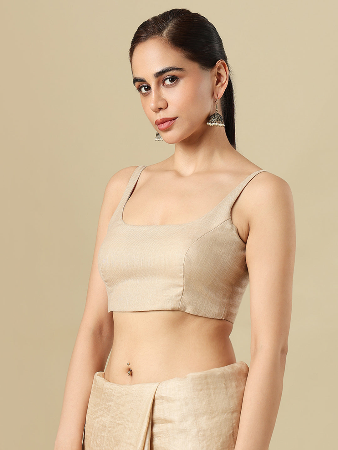 Beige Pure Linen Sleeveless Readymade Saree Blouse