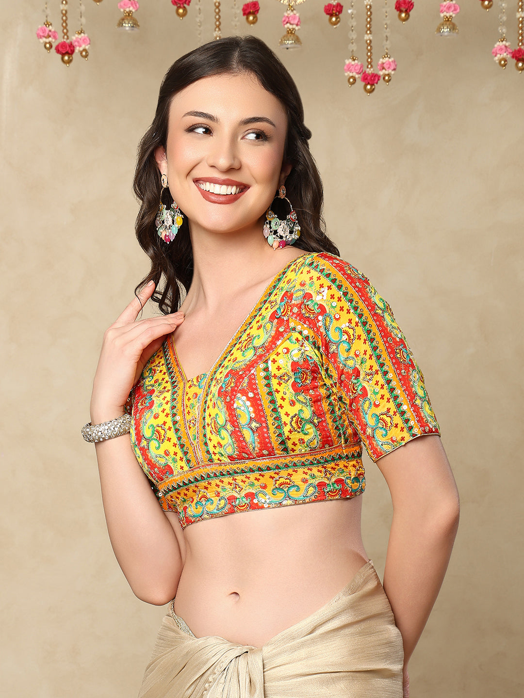 Yellow silk V Neck Readymade Blouse