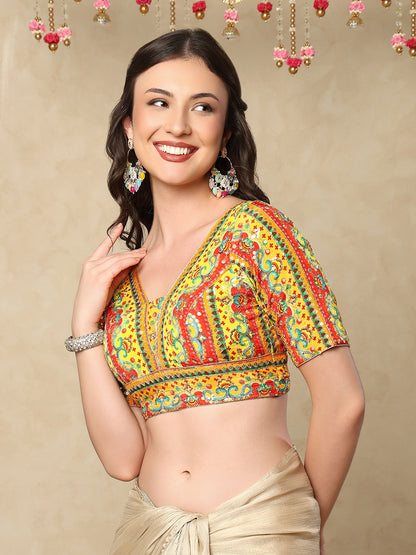 Yellow silk V Neck Readymade Blouse