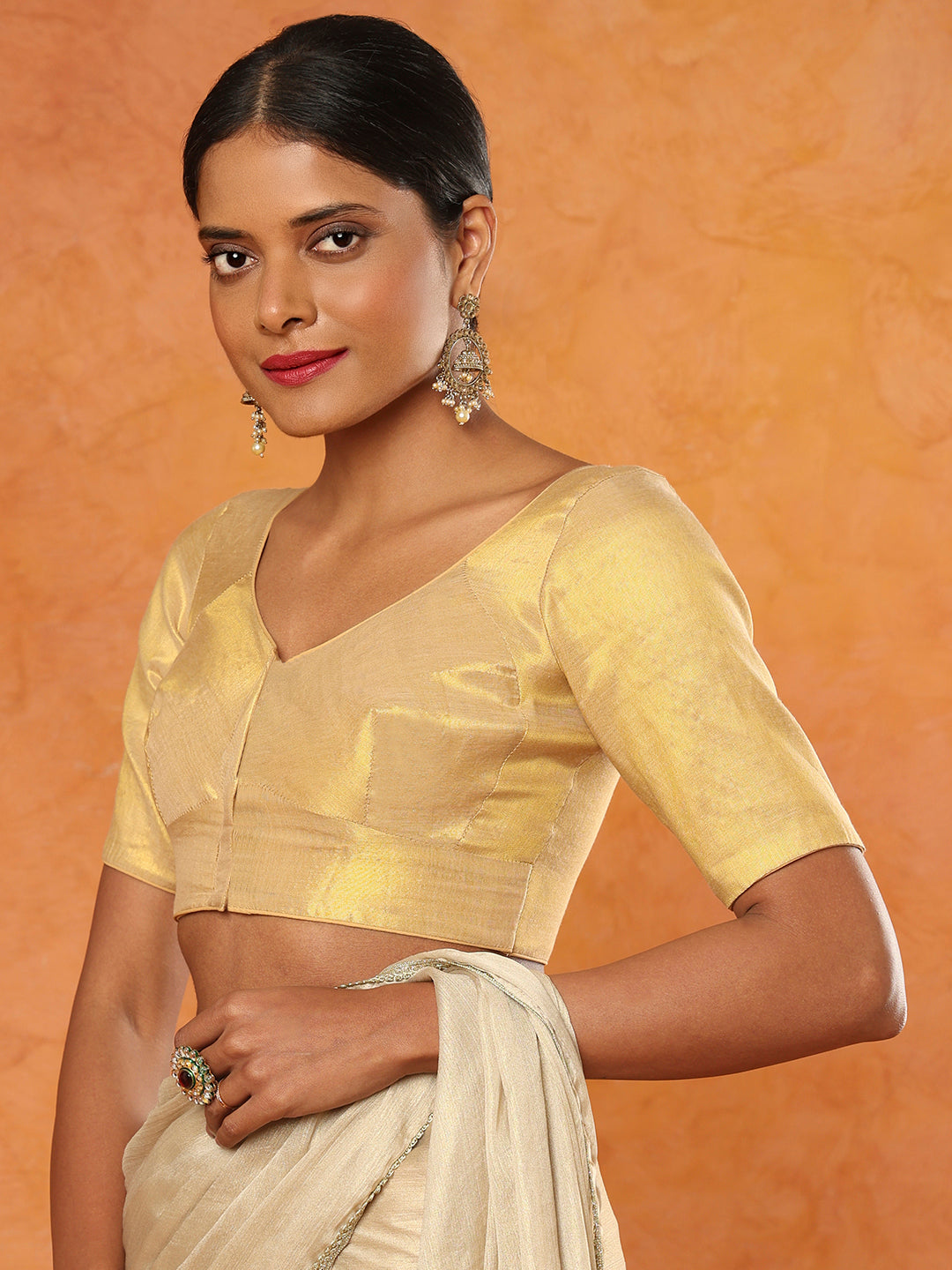 Light Gold Tissue Sweetheart Neck Readymade Blouse
