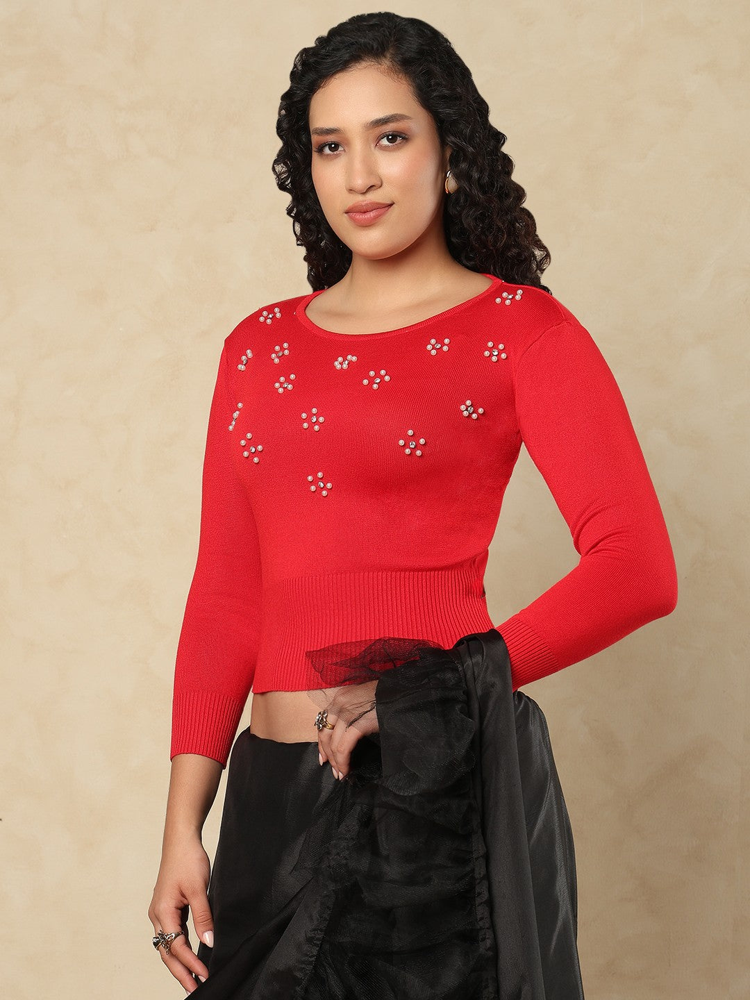 Red Woolen Round Neck Readymade Blouse