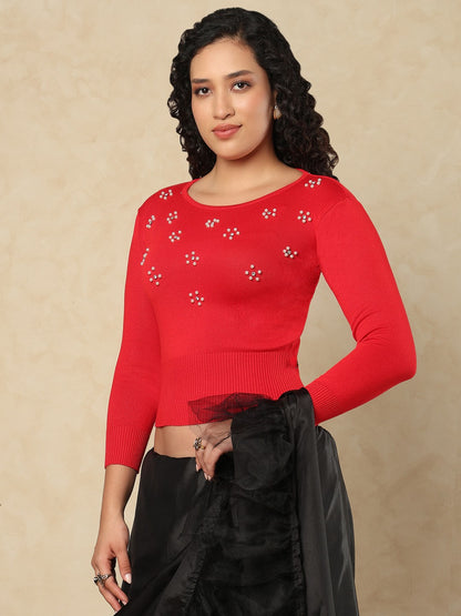 Red Woolen Round Neck Readymade Blouse