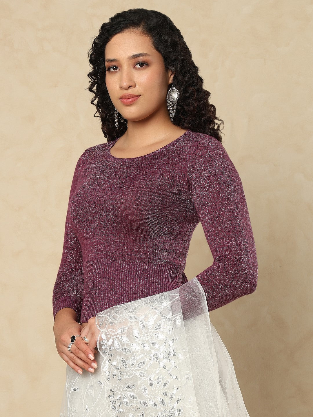 Wine Woolen Round Neck Full Sleeves Stretchable Readymade Blouse