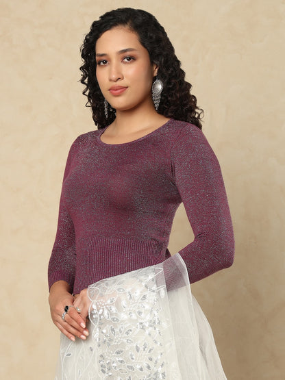 Wine Woolen Round Neck Full Sleeves Stretchable Readymade Blouse