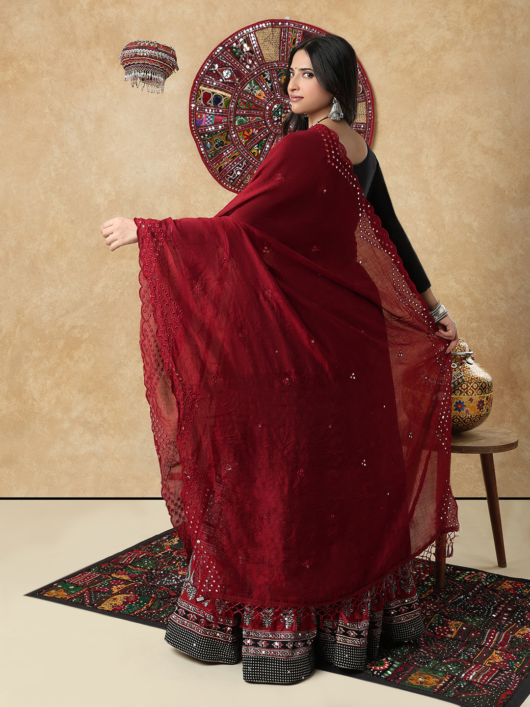Wine Silk Mirror Work Festive Garba Dupatta For Navratri