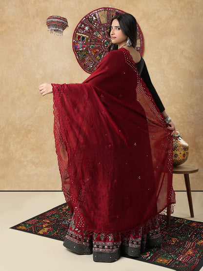 Wine Silk Mirror Work Festive Garba Dupatta For Navratri