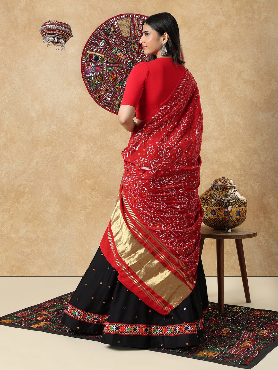 Red Silk Bandhani Printed Festive Garba Dupatta For Navratri