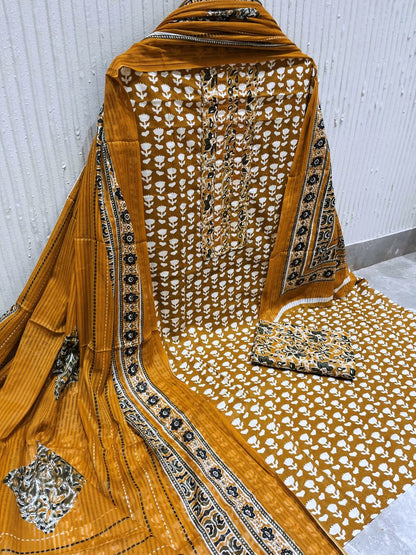 Mustard Cotton printed Unstitched Dress Material
