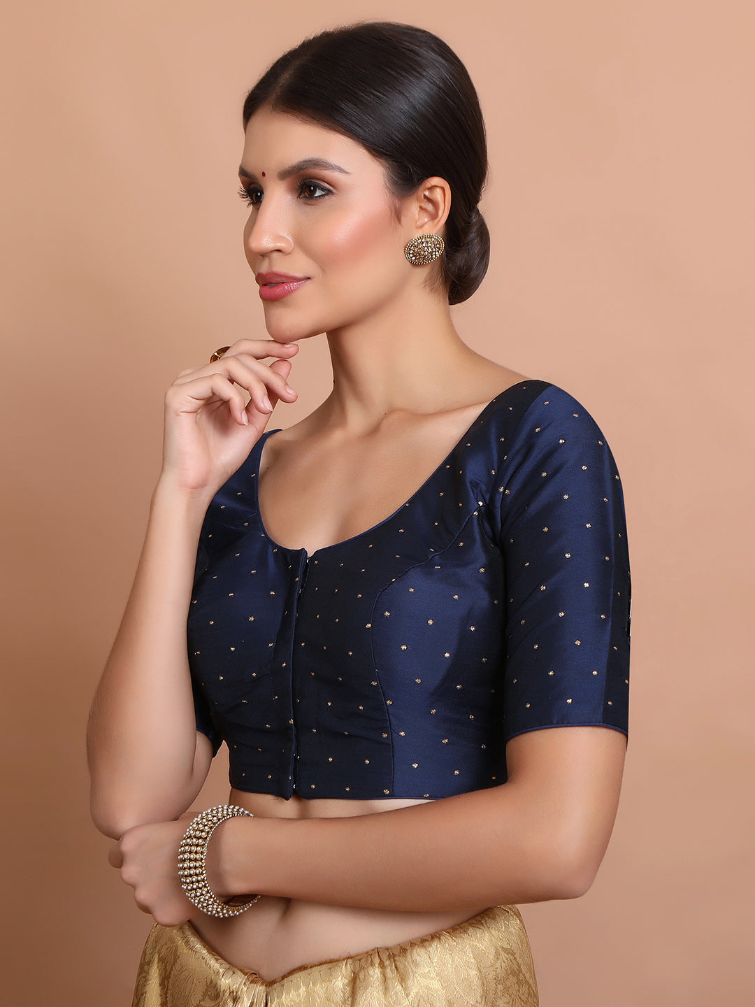 Navy Blue Silk Round Neck Sleeveless Blouse